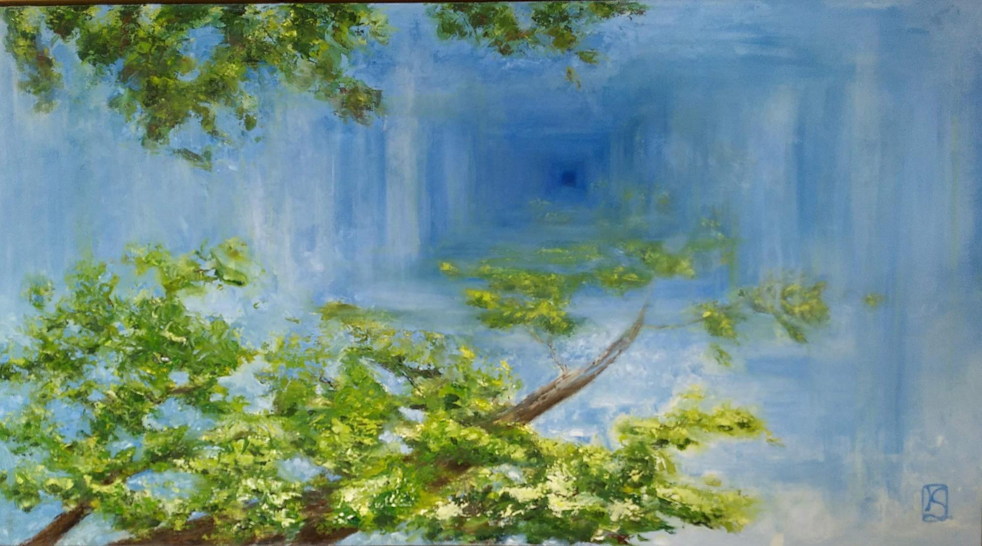Trees overlay a blue vortex background, oil painting